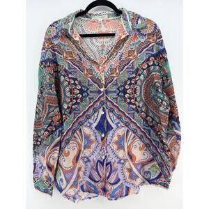 Her Bottari Womens Blouse Size L Boho‎ Paisley Sheer Button Front Festival Top